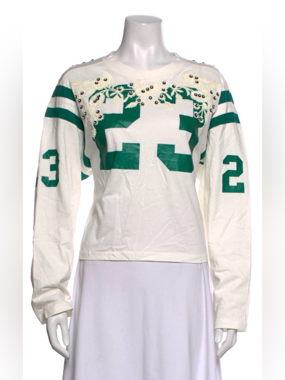 Sea New York Georgie Embellished White & Green Long-Sleeve Graphic Top
